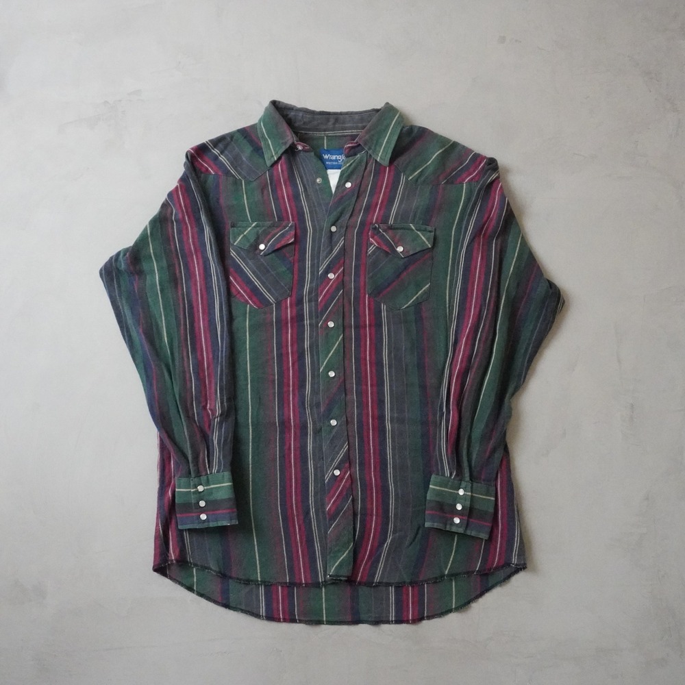 Vintage Wrangler Western Shirt Medium Mens Pearl Snap Striped Green Red 90s